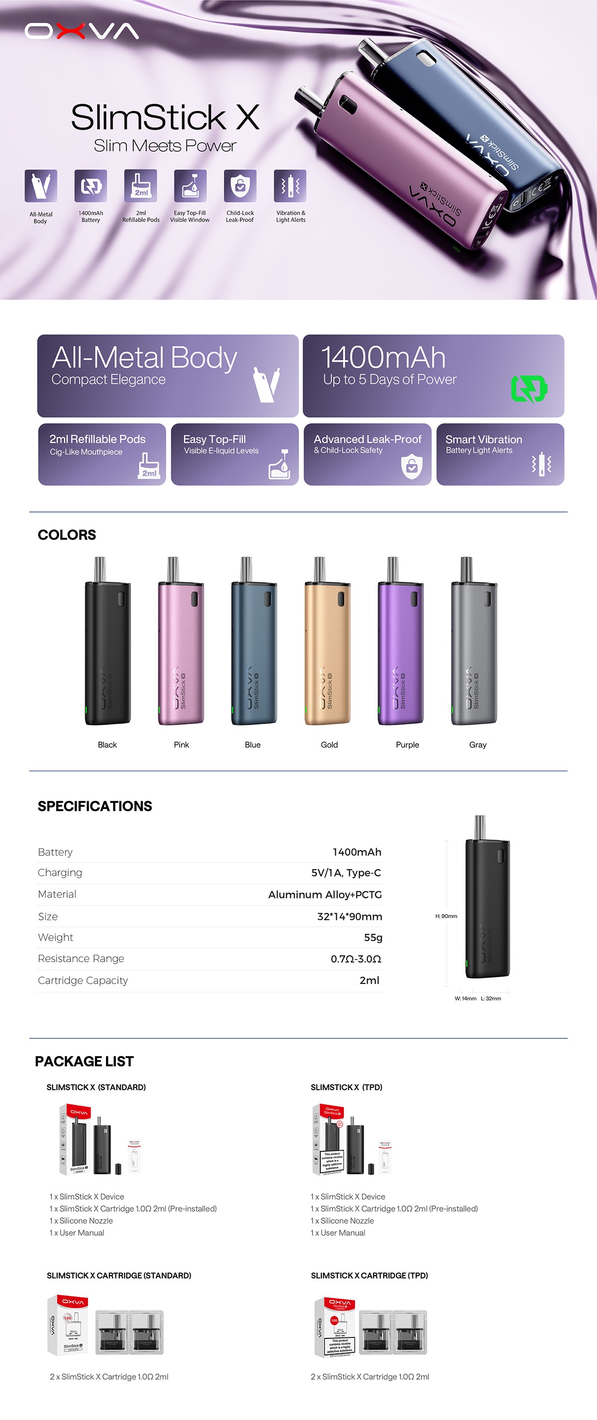 OXVA SlimStick X Pod Kit 1400mAh 2ml